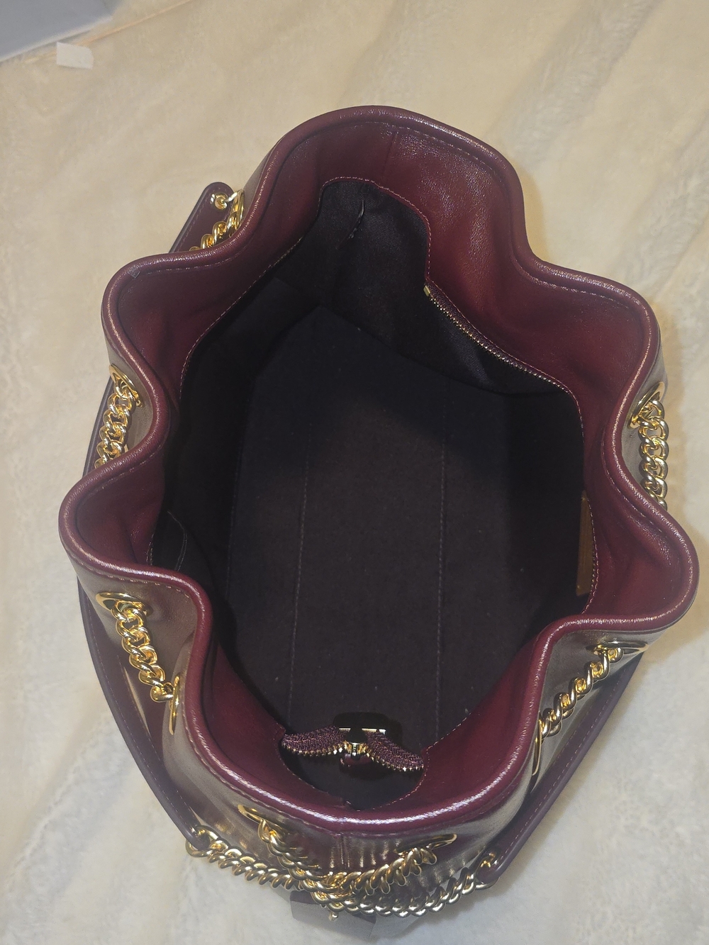 Coach Wine Leather Drawstring Shoulder Bag with Gold Chain